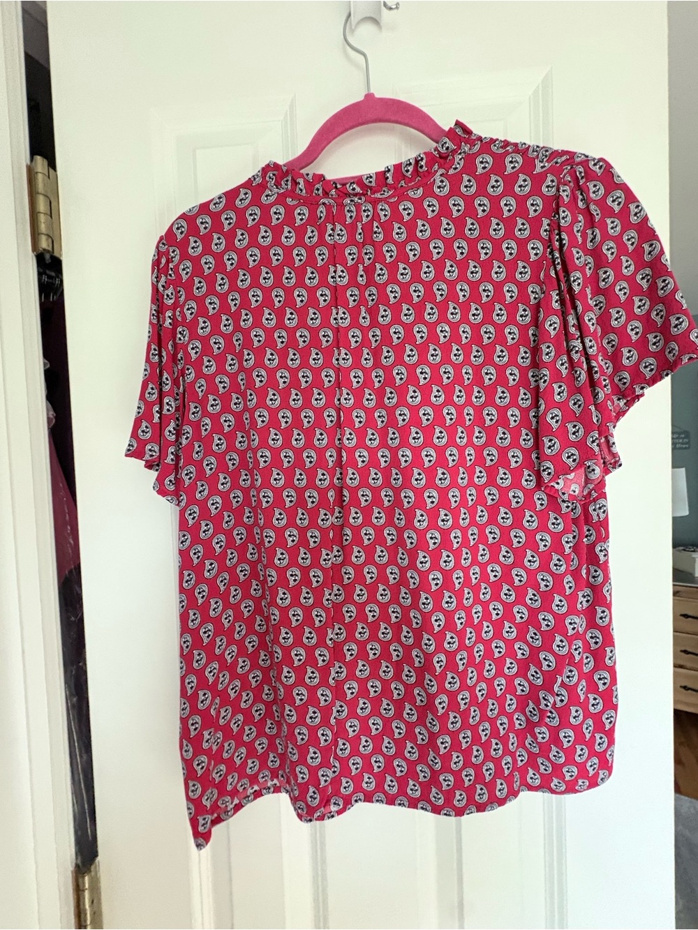 LOFT Red and Blue Paisley Short-Sleeve Smocked Yoke Blouse - Picture 5 of 6